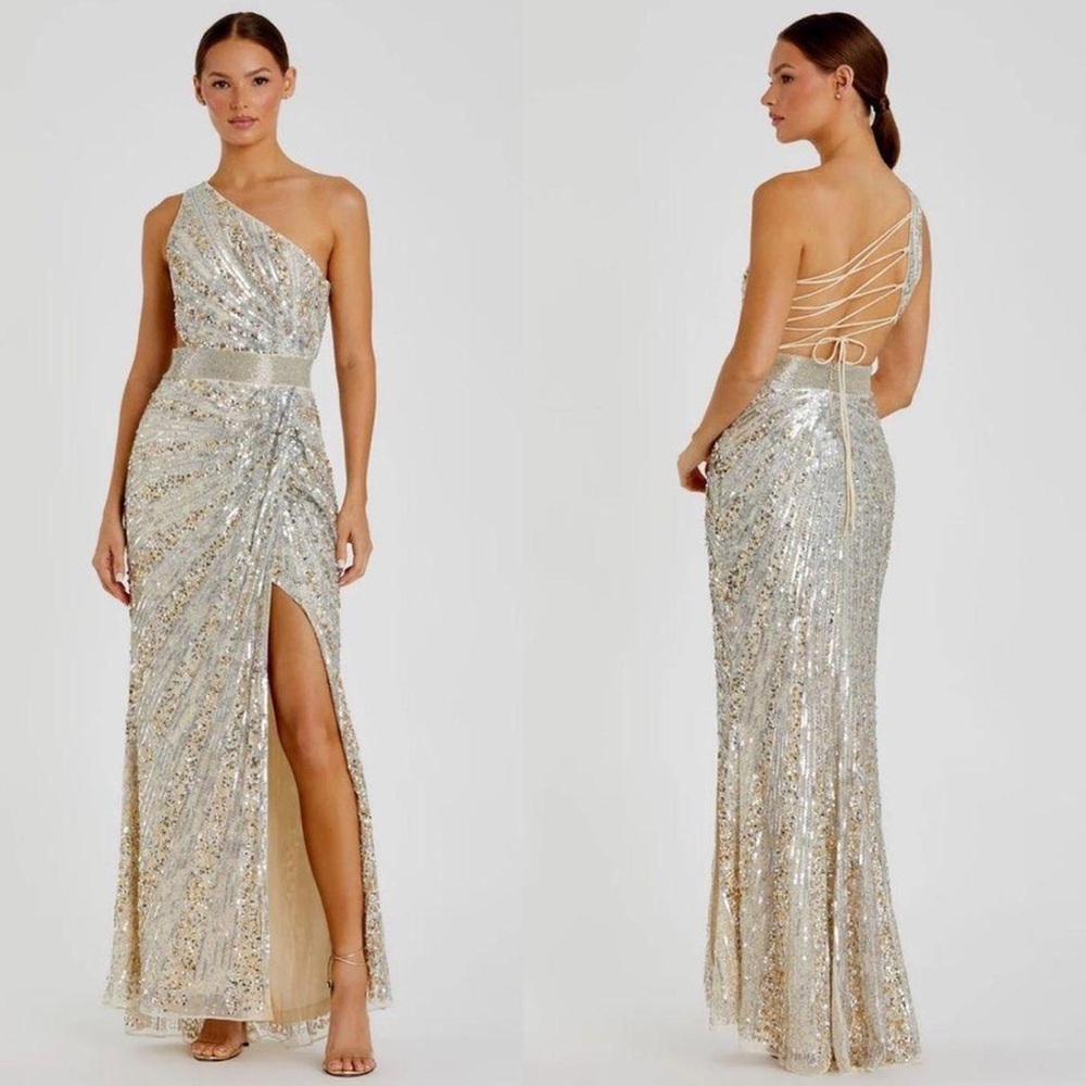 Mac Duggal Gold Sequin One-Shoulder Maxi Dress